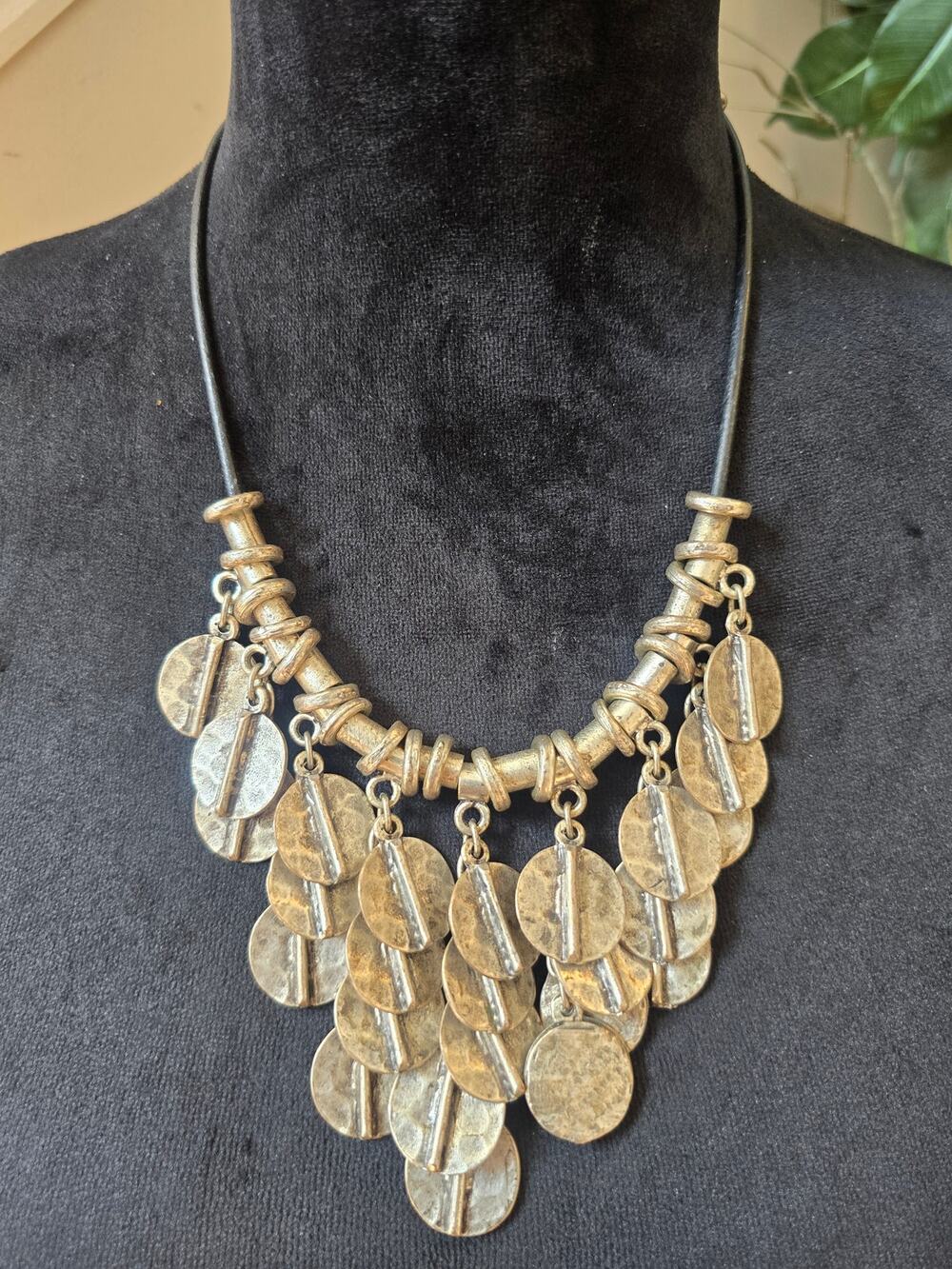 Silver Tone Hammered Disc Bib Statement Necklace Boho Tribal Chunky Fashion